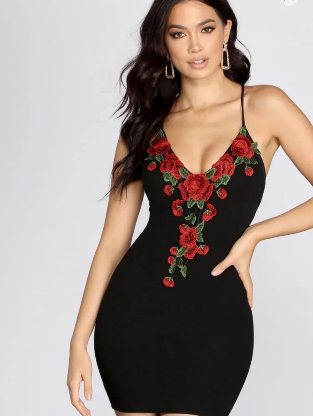 Windsor Black Mini Dress with Red Rose Embroidery